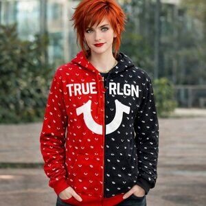 True Religion Zip Up Red White Black Logo Hoodie, Size Large (NWT)